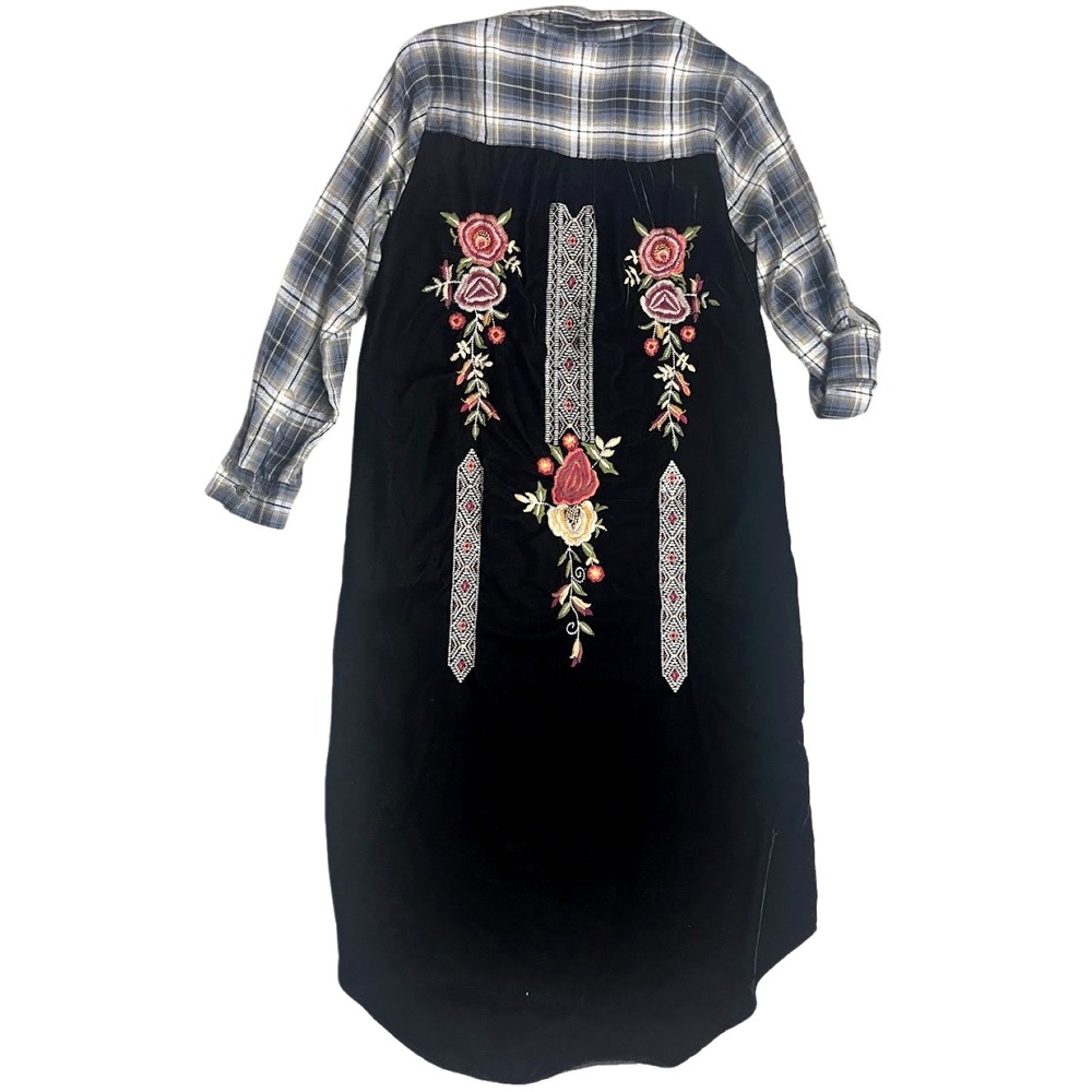 Kyla Seo Tunic Duster Dress Plaid Velvet Embroidered Womens S Boho Floral Small